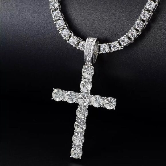 Cross Pendant Necklace with 4mm Tennis Chain Iced  Necklace Jewelry Silver chain - Picture 6 of 8